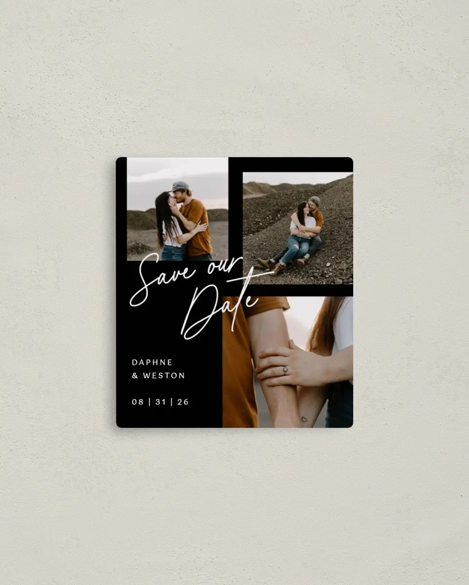 This is a 3½" x 4" Save the Date Magnet called Scripted Love printed in full color with Rose Gold foil and a Luxe Satin finish