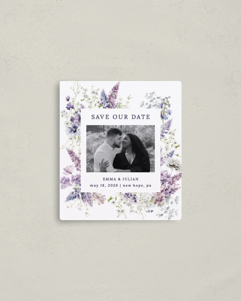 This is a 3½" x 4" Save the Date Magnet called Euphoric Frame printed in full color with Rose Gold foil and a Luxe Satin finish