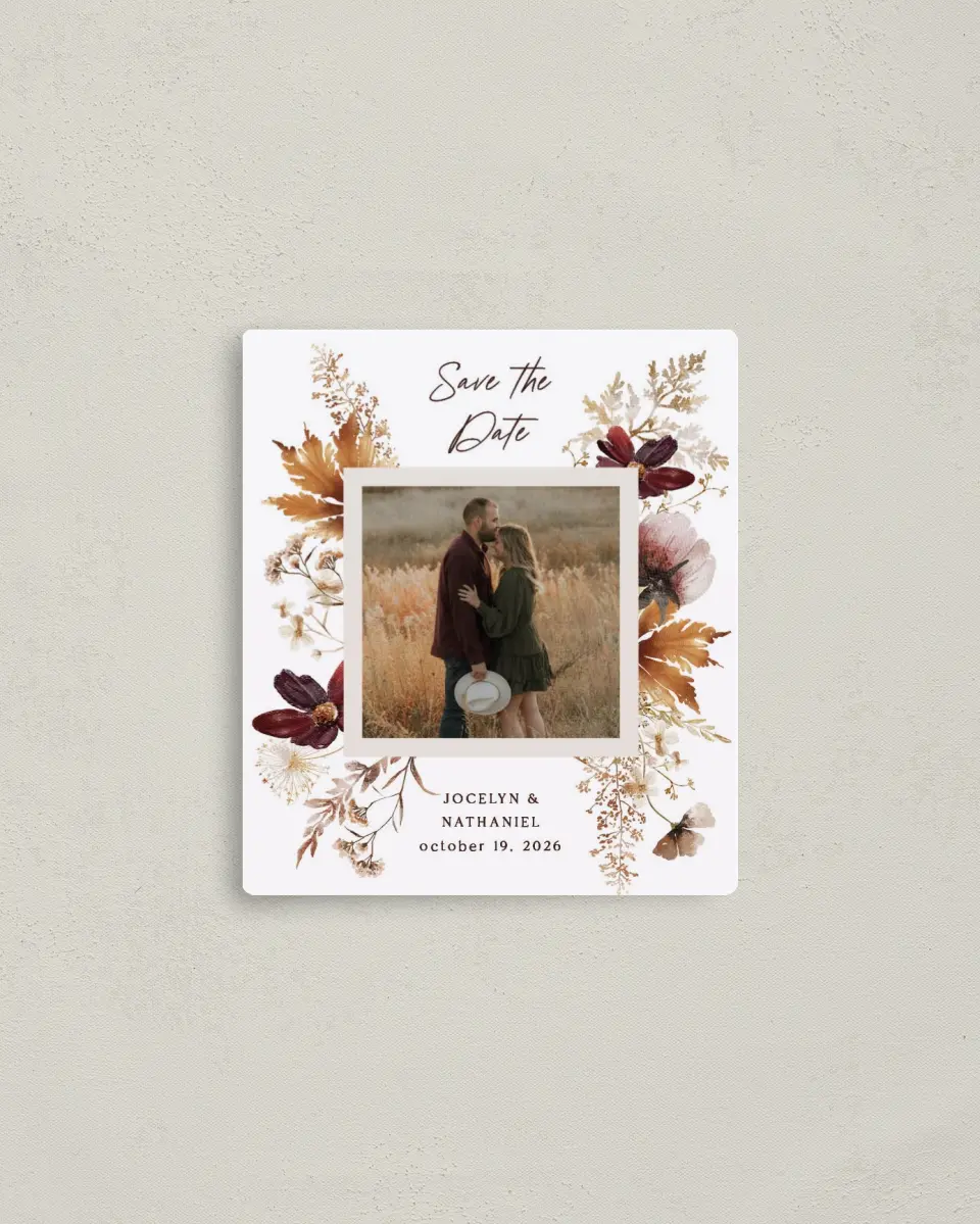 This is a 3½" x 4" Save the Date Magnet called Autumn Wildflowers printed in full color with Rose Gold foil and a Luxe Satin finish