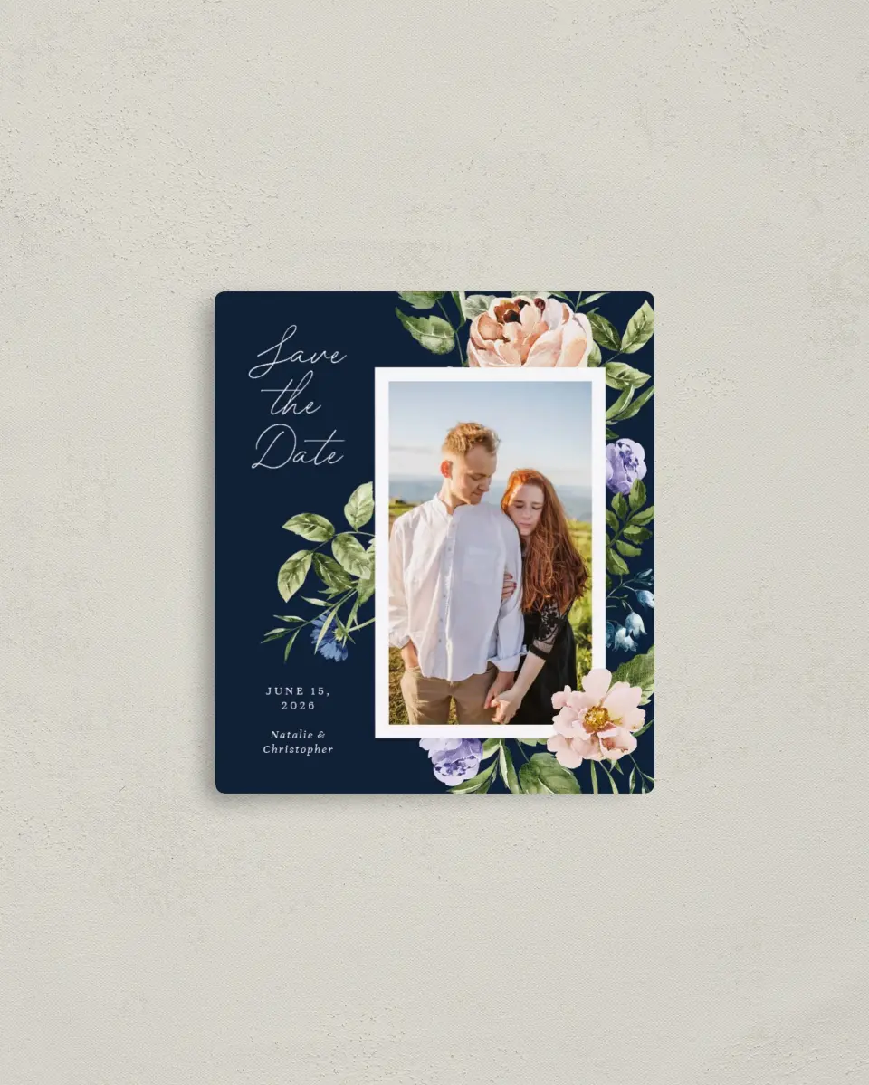 This is a 3½" x 4" Save the Date Magnet called The Natalie printed in full color with a Luxe Satin finish