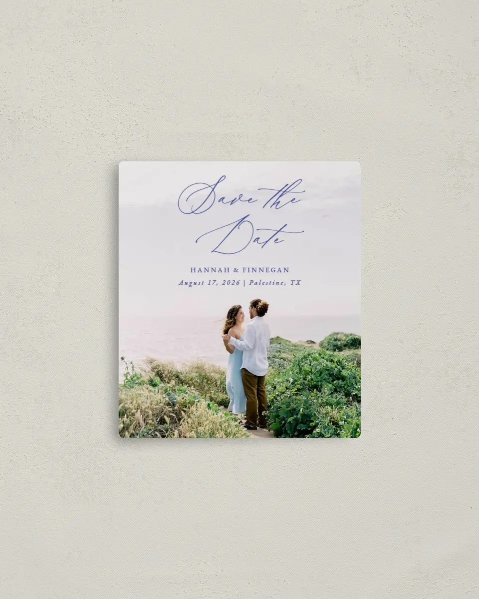 This is a 3½" x 4" Save the Date Magnet called Modern Chinoiserie printed in full color with a Luxe Satin finish