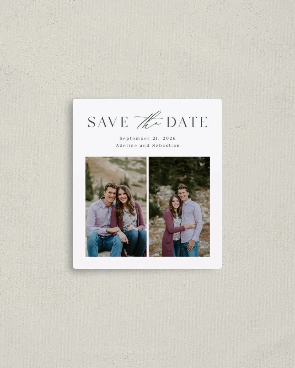 This is a 3½" x 4" Save the Date Magnet called True Tradition printed in full color with a Luxe Satin finish