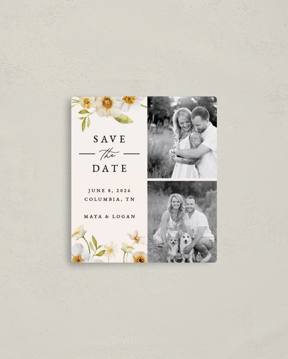 This is a 3½" x 4" Save the Date Magnet called Charming Cosmos printed in full color with a Luxe Satin finish