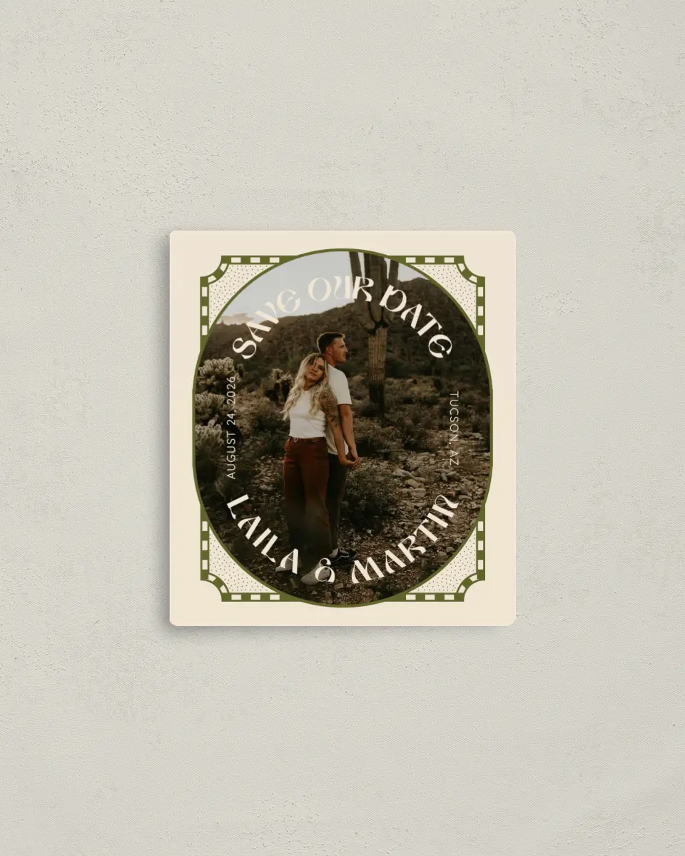 This is a 3½" x 4" Save the Date Magnet called Desert Funk printed in full color with a Luxe Satin finish