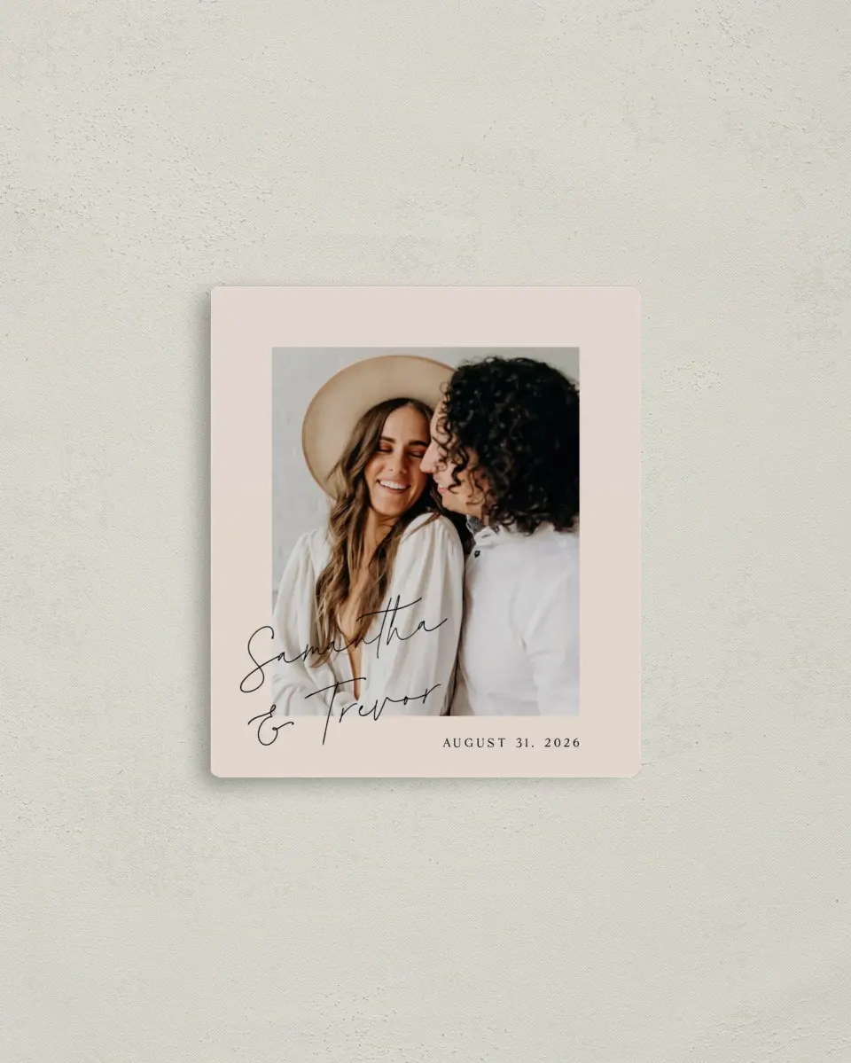 This is a 3½" x 4" Save the Date Magnet called The Samantha printed in full color with a Luxe Satin finish