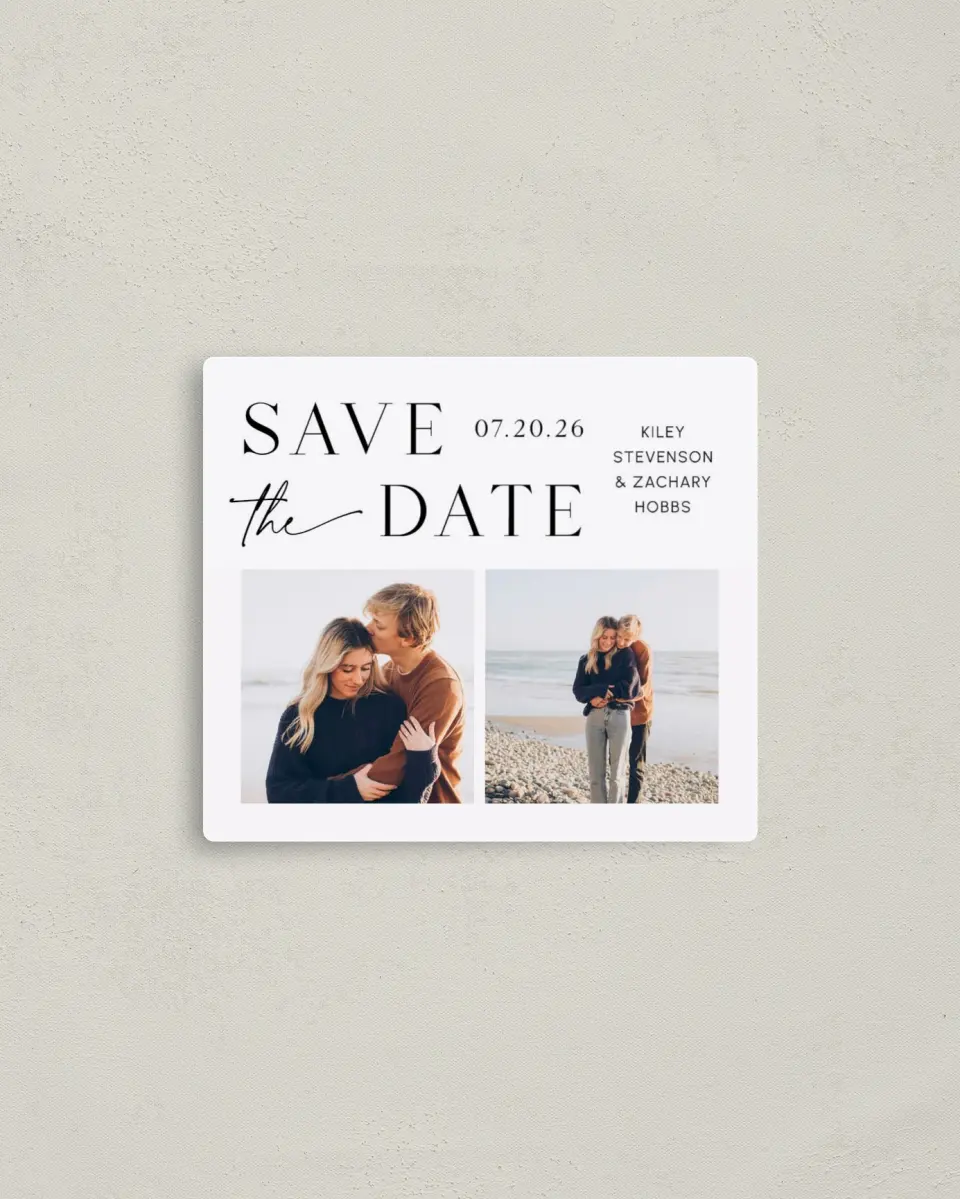 This is a 3½" x 4" Save the Date Magnet called Picturesque printed in full color with a Luxe Satin finish