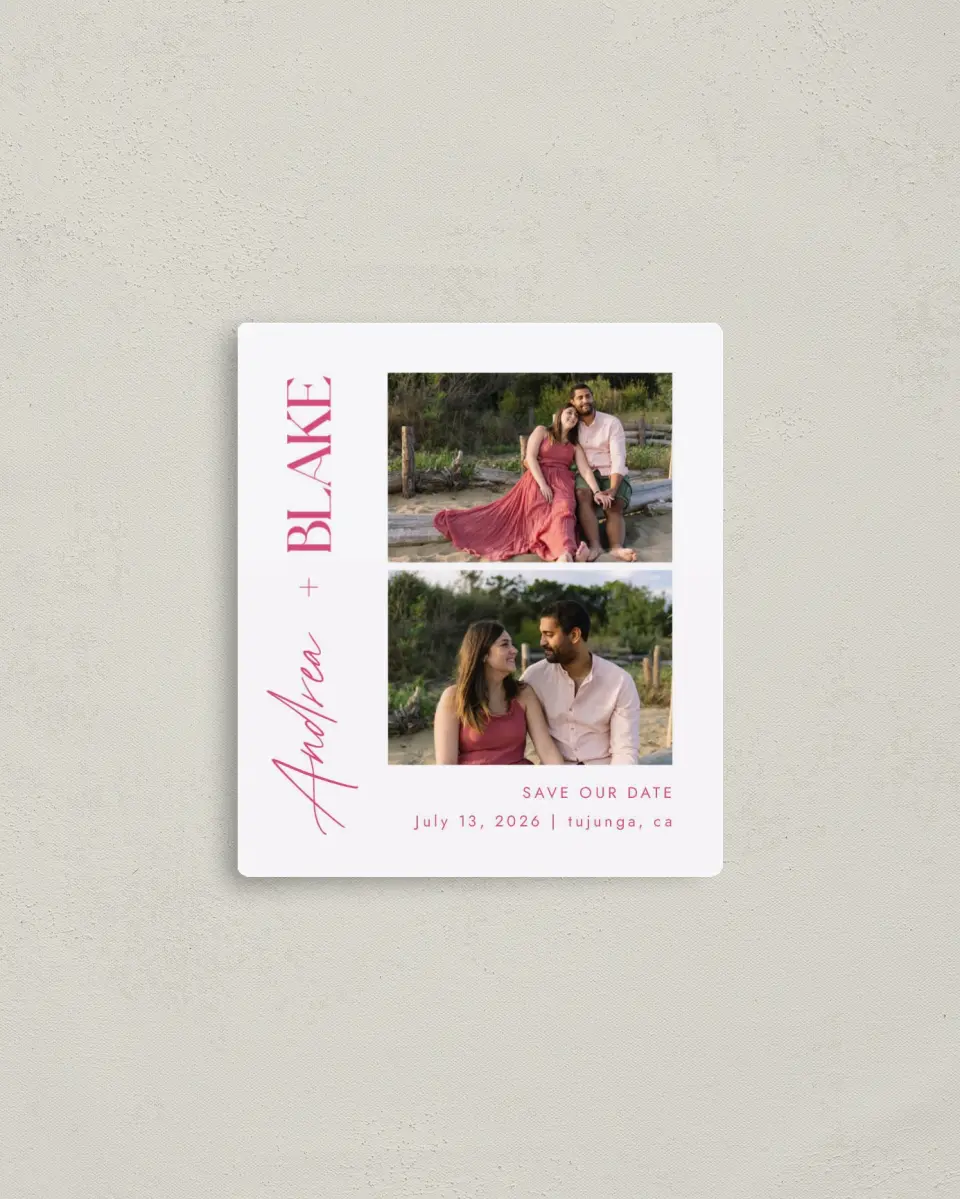 This is a 3½" x 4" Save the Date Magnet called The Andrea printed in full color with a Luxe Satin finish