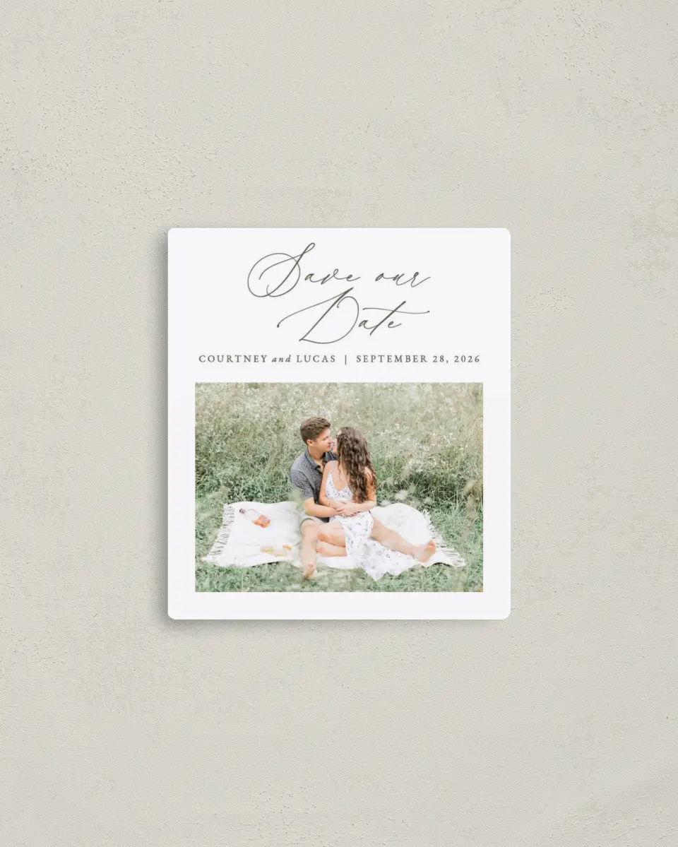 This is a 3½" x 4" Save the Date Magnet called Elegant Crest printed in full color with a Luxe Satin finish