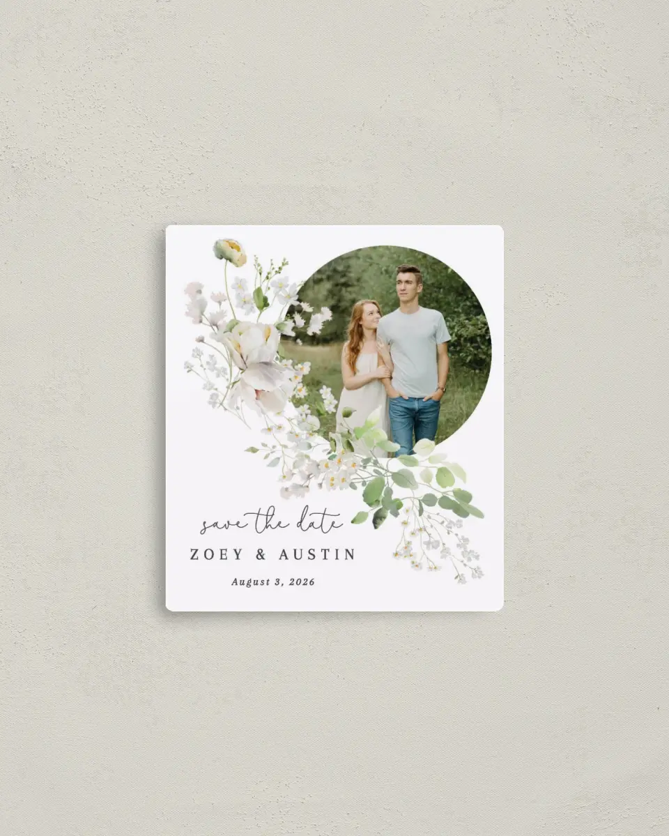 This is a 3½" x 4" Save the Date Magnet called The Zoey printed in full color with a Luxe Satin finish