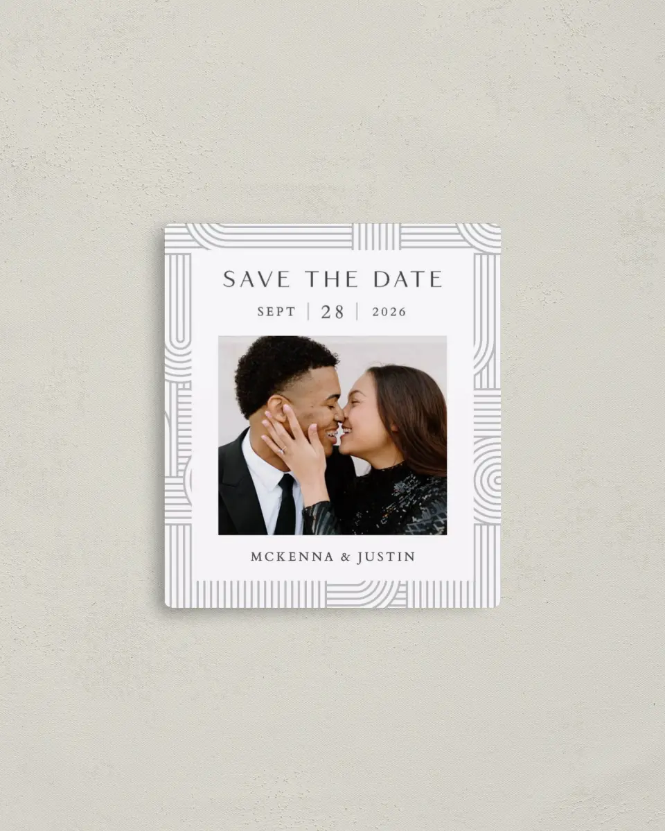 This is a 3½" x 4" Save the Date Magnet called Geometric Elegance printed in full color with a Luxe Satin finish