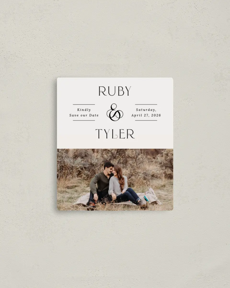 This is a 3½" x 4" Save the Date Magnet called The Ruby printed in full color with a Luxe Satin finish