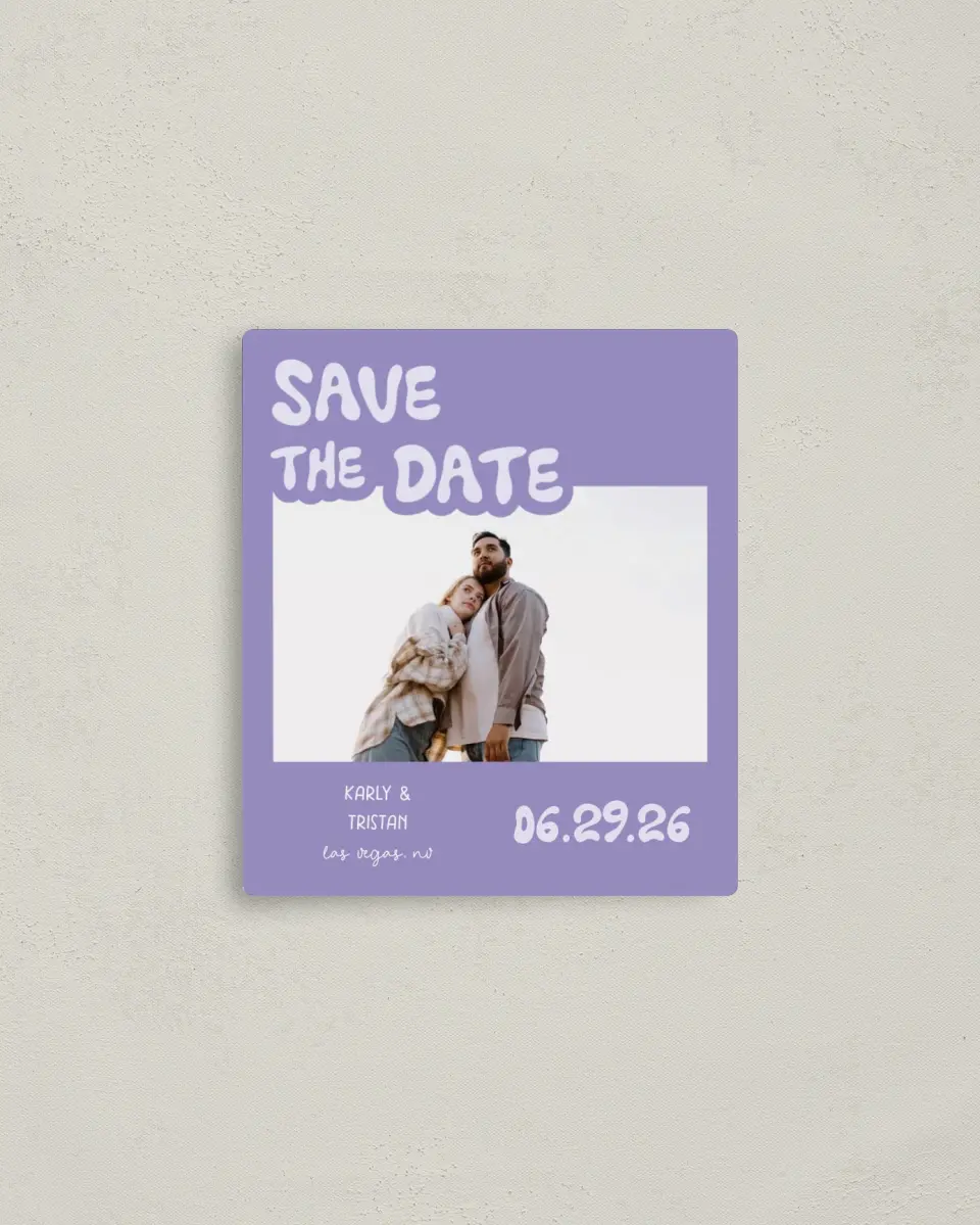 This is a 3½" x 4" Save the Date Magnet called The Karly printed in full color with a Luxe Satin finish