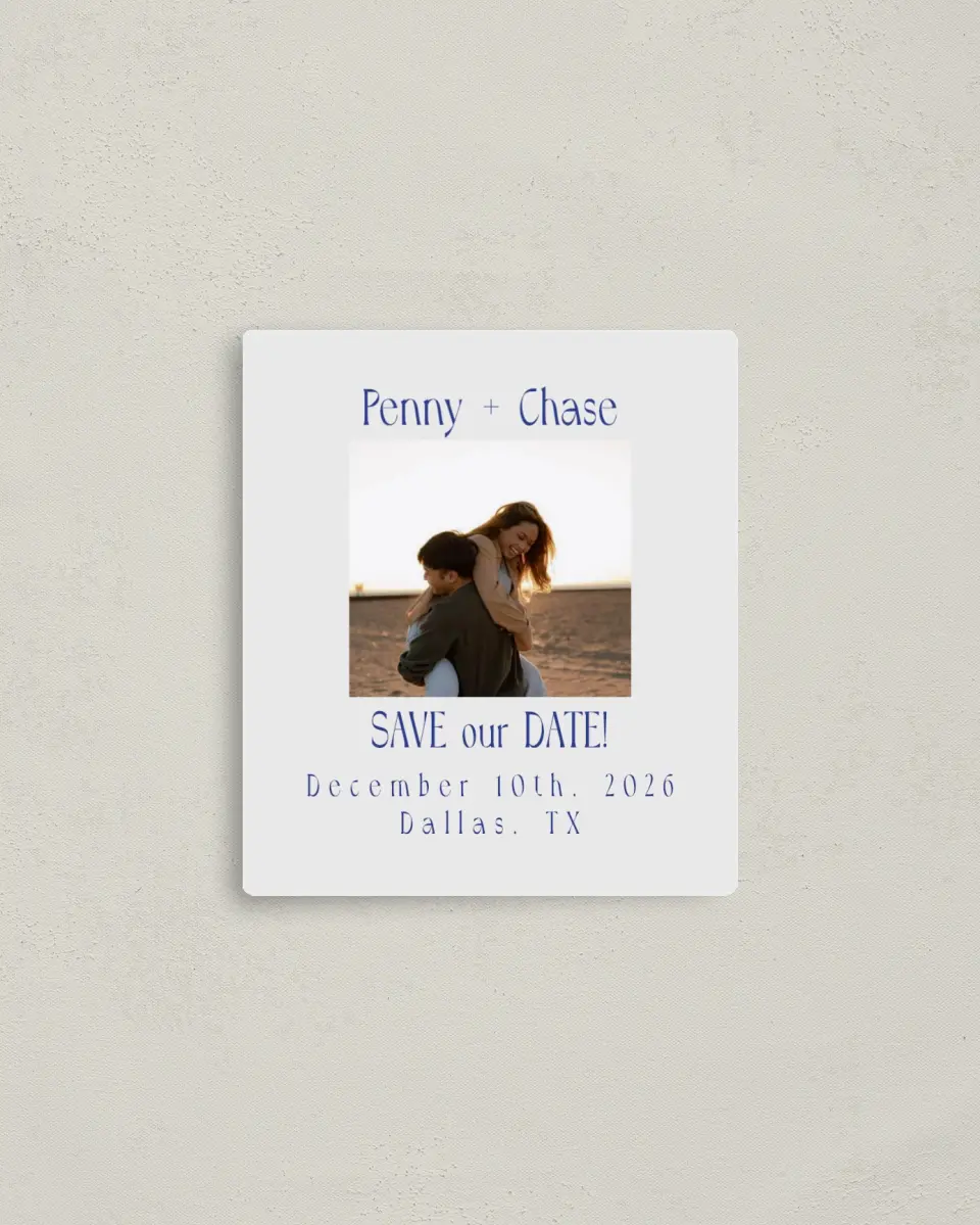 This is a 3½" x 4" Save the Date Magnet called Retro Love printed in full color with Rose Gold foil and a Luxe Satin finish