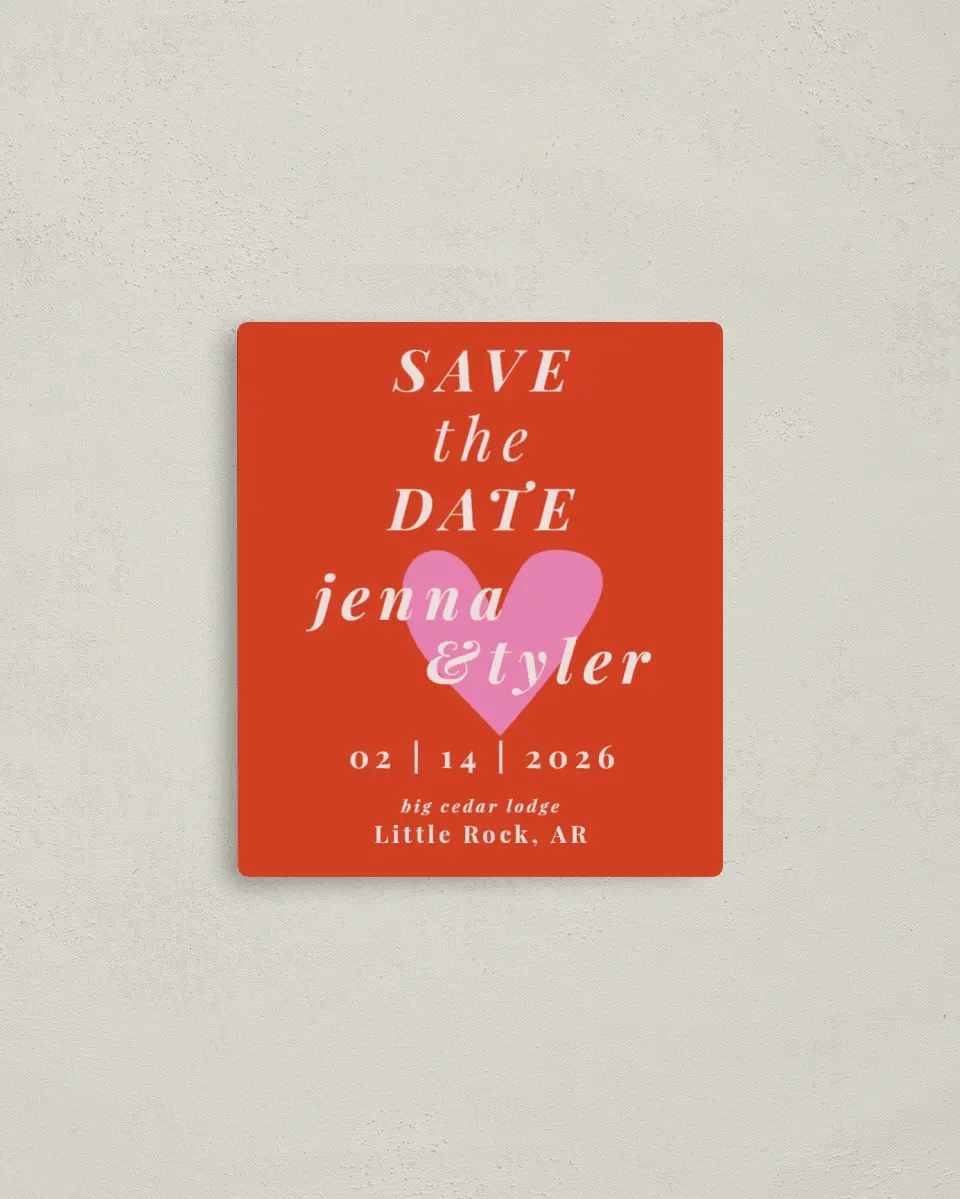 This is a 3½" x 4" Save the Date Magnet called Heart Eyes for You printed in full color with Rose Gold foil and a Luxe Satin finish