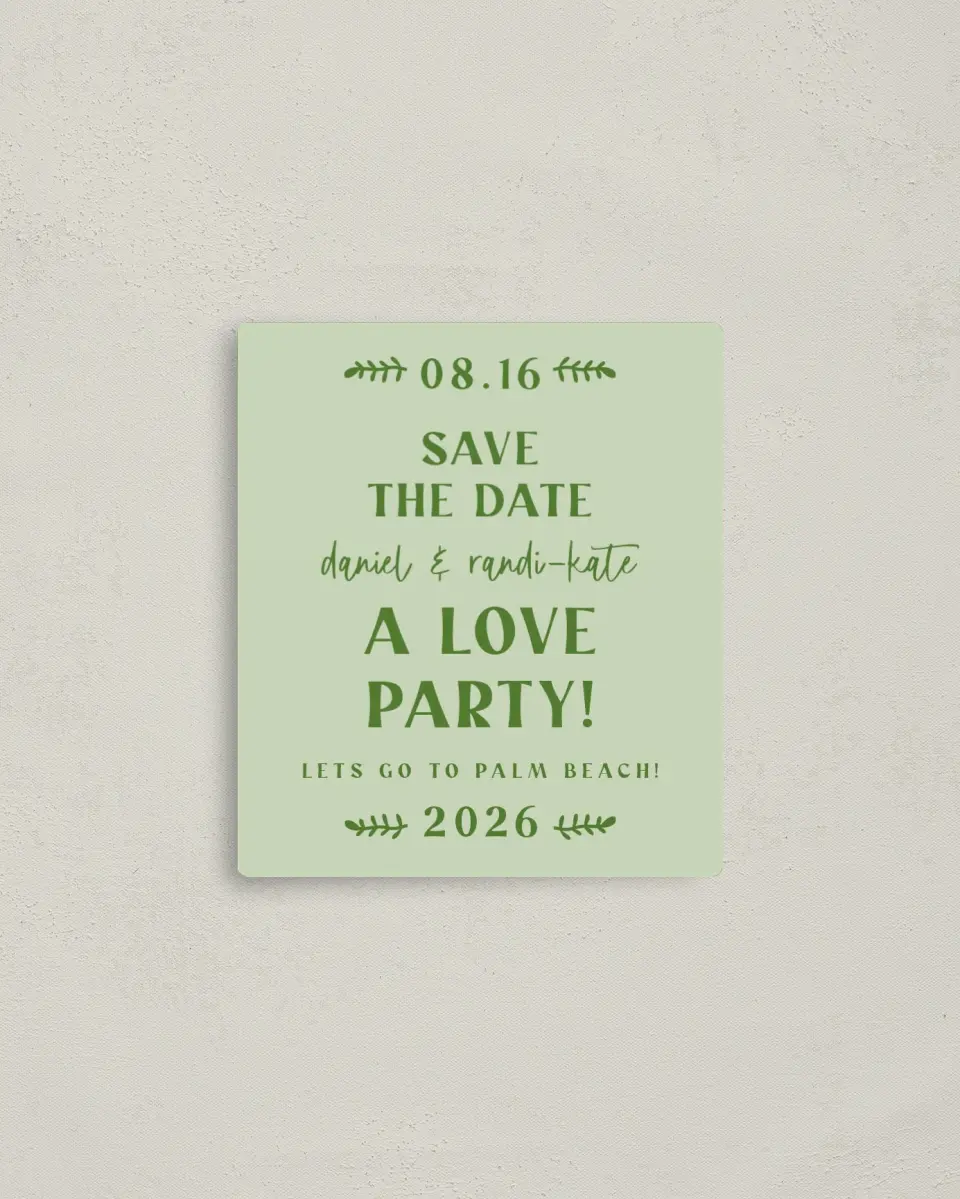 This is a 3½" x 4" Save the Date Magnet called Love Party! printed in full color with a Luxe Satin finish