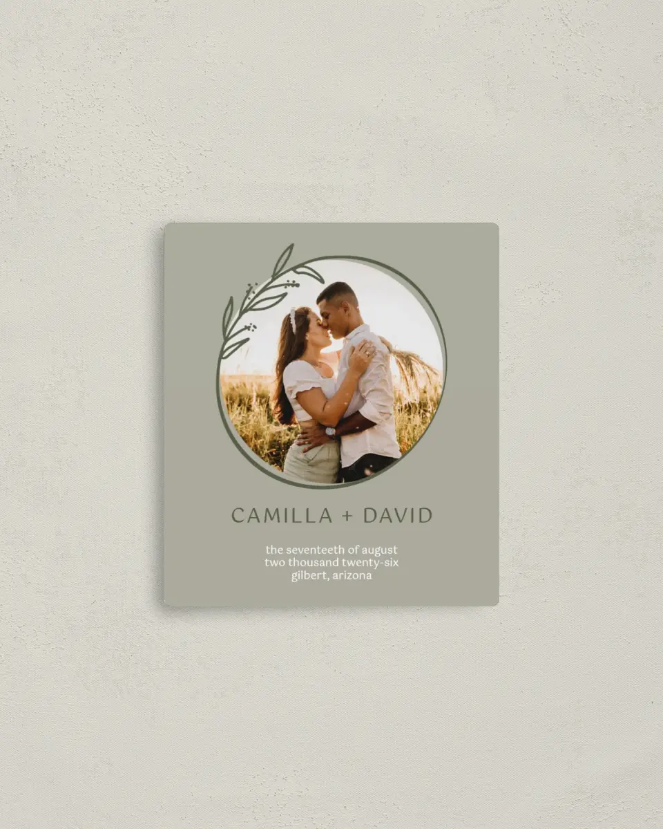 This is a 3½" x 4" Save the Date Magnet called Growing to Blossom printed in full color with a Luxe Satin finish