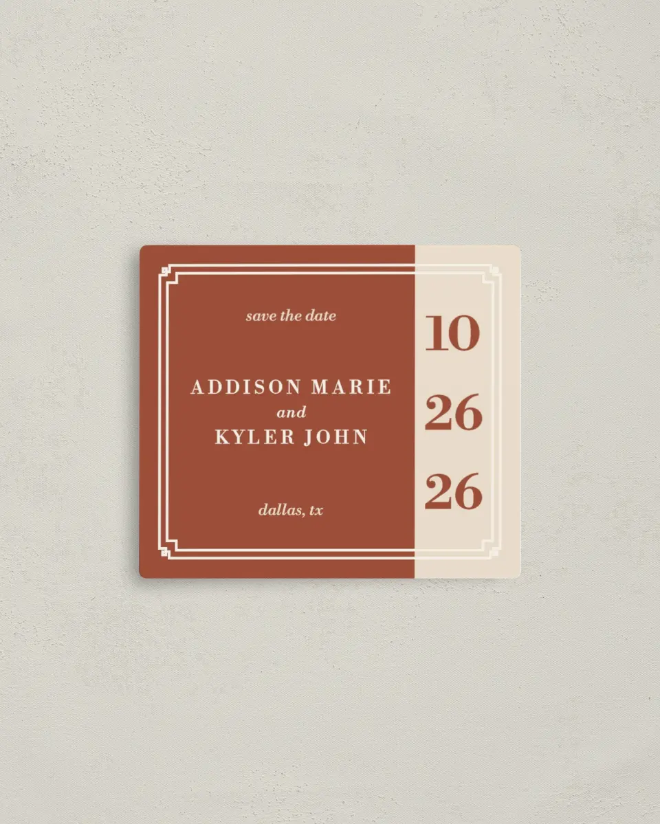 This is a 3½" x 4" Save the Date Magnet called Golden Love printed in full color with a Luxe Satin finish