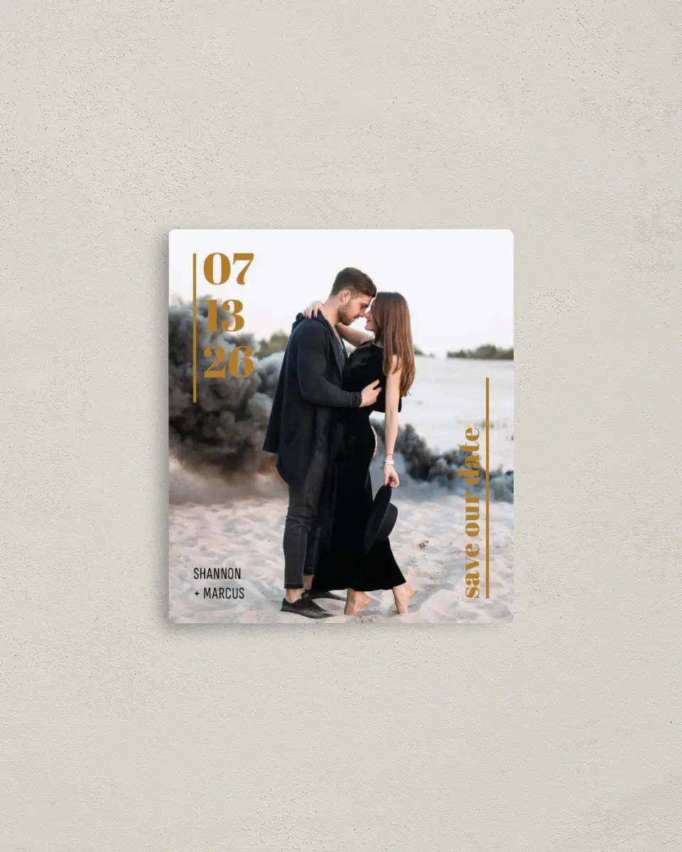 This is a 3½" x 4" Save the Date Magnet called The 1 printed in full color with a Luxe Satin finish