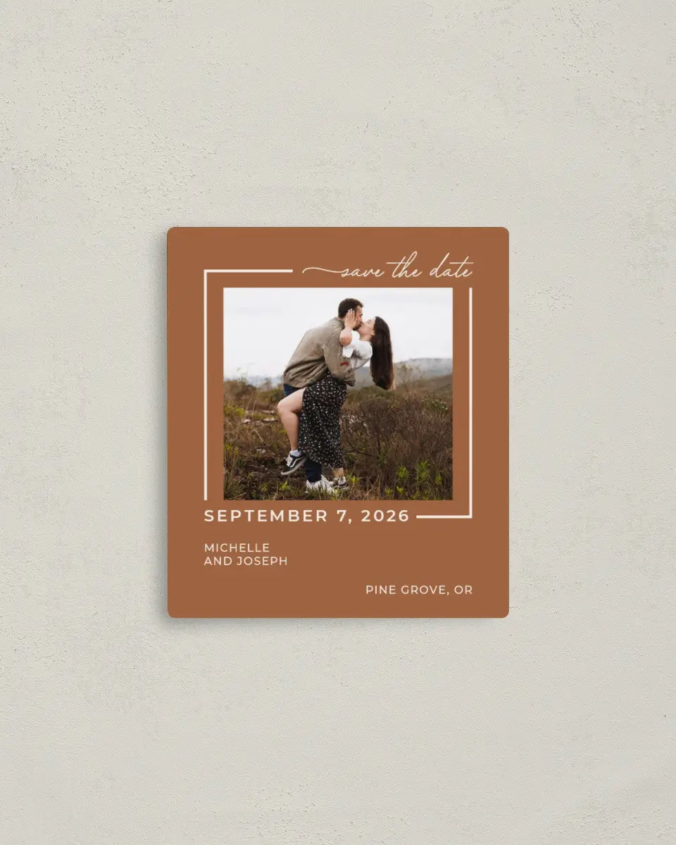 This is a 3½" x 4" Save the Date Magnet called Kisses & Wishes printed in full color with a Luxe Satin finish