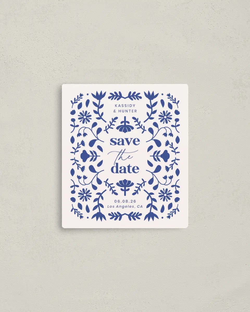 This is a 3½" x 4" Save the Date Magnet called The Kassidy printed in full color with a Luxe Satin finish