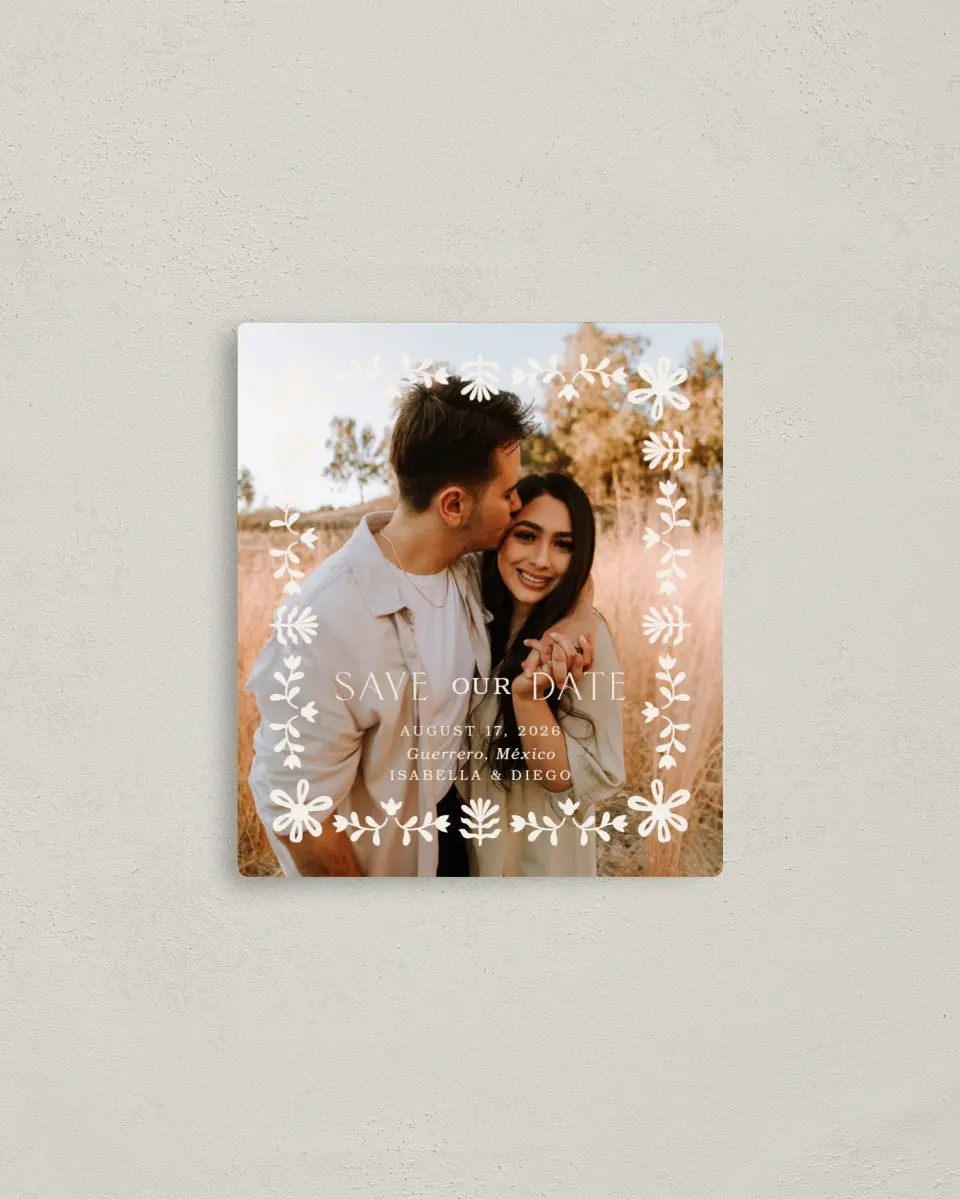This is a 3½" x 4" Save the Date Magnet called Folk Fiesta printed in full color with a Luxe Satin finish