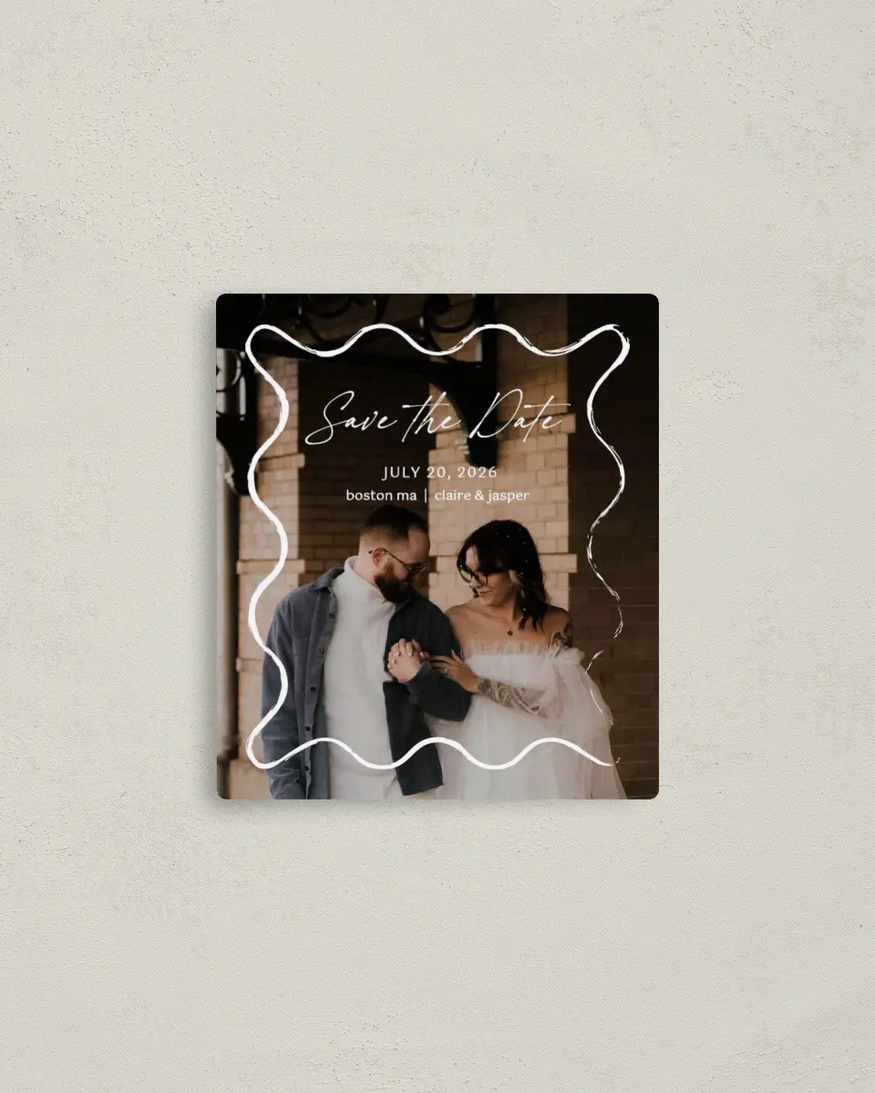 This is a 3½" x 4" Save the Date Magnet called Romantic Sketch printed in full color with a Luxe Satin finish