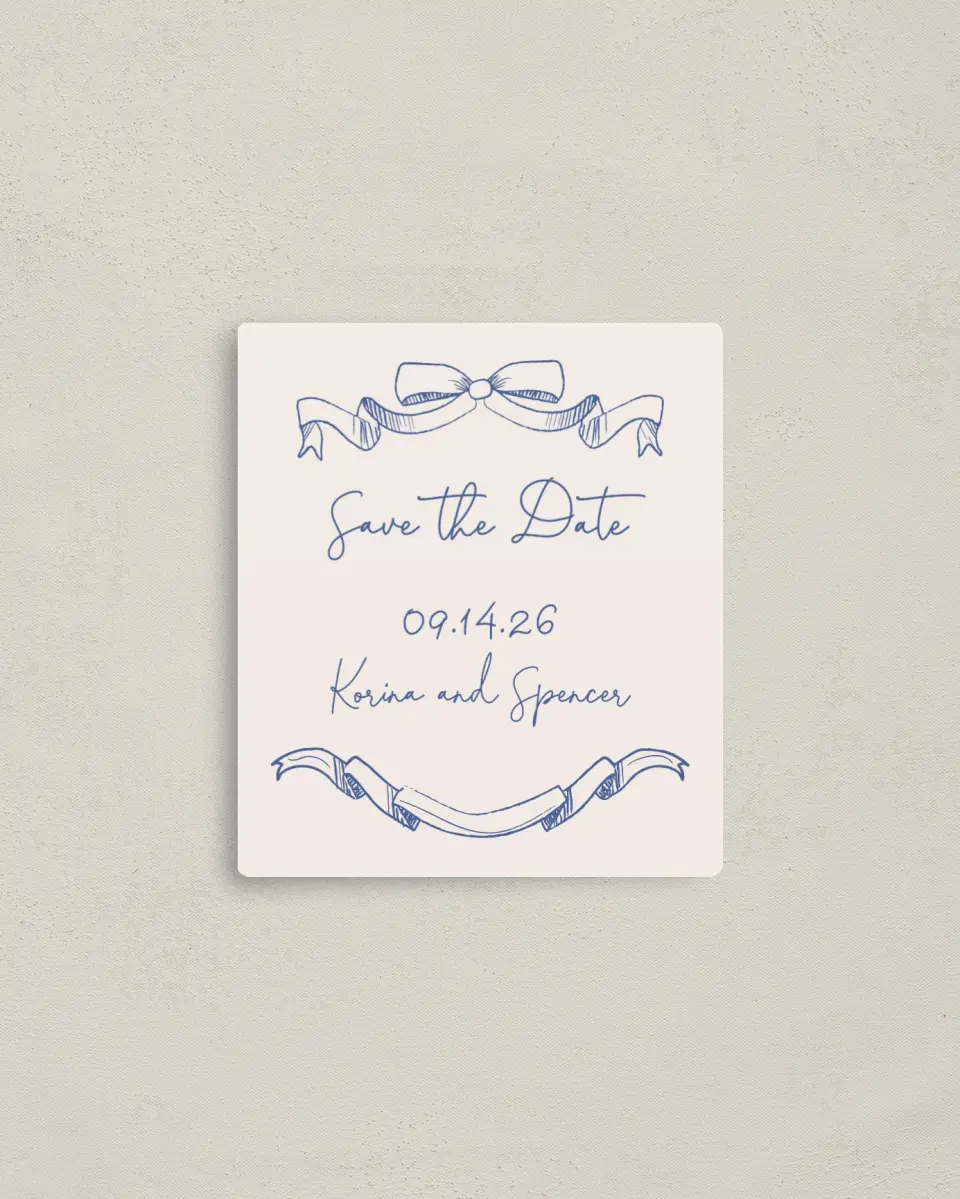 This is a 3½" x 4" Save the Date Magnet called Sketched Bow printed in full color with a Luxe Satin finish