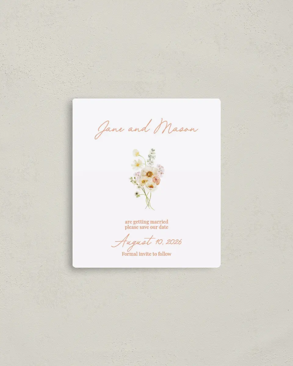 This is a 3½" x 4" Save the Date Magnet called Warm Wildflowers printed in full color with a Luxe Satin finish