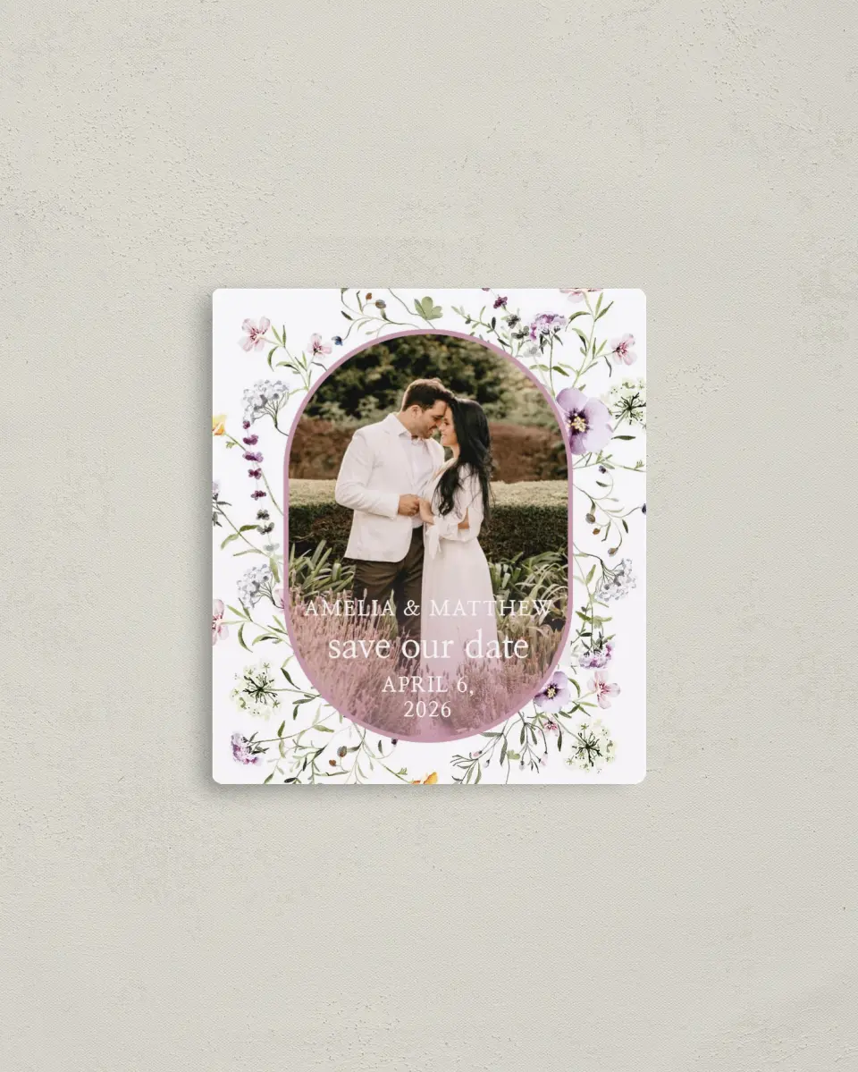 This is a 3½" x 4" Save the Date Magnet called Whimsy Fairytale printed in full color with a Luxe Satin finish