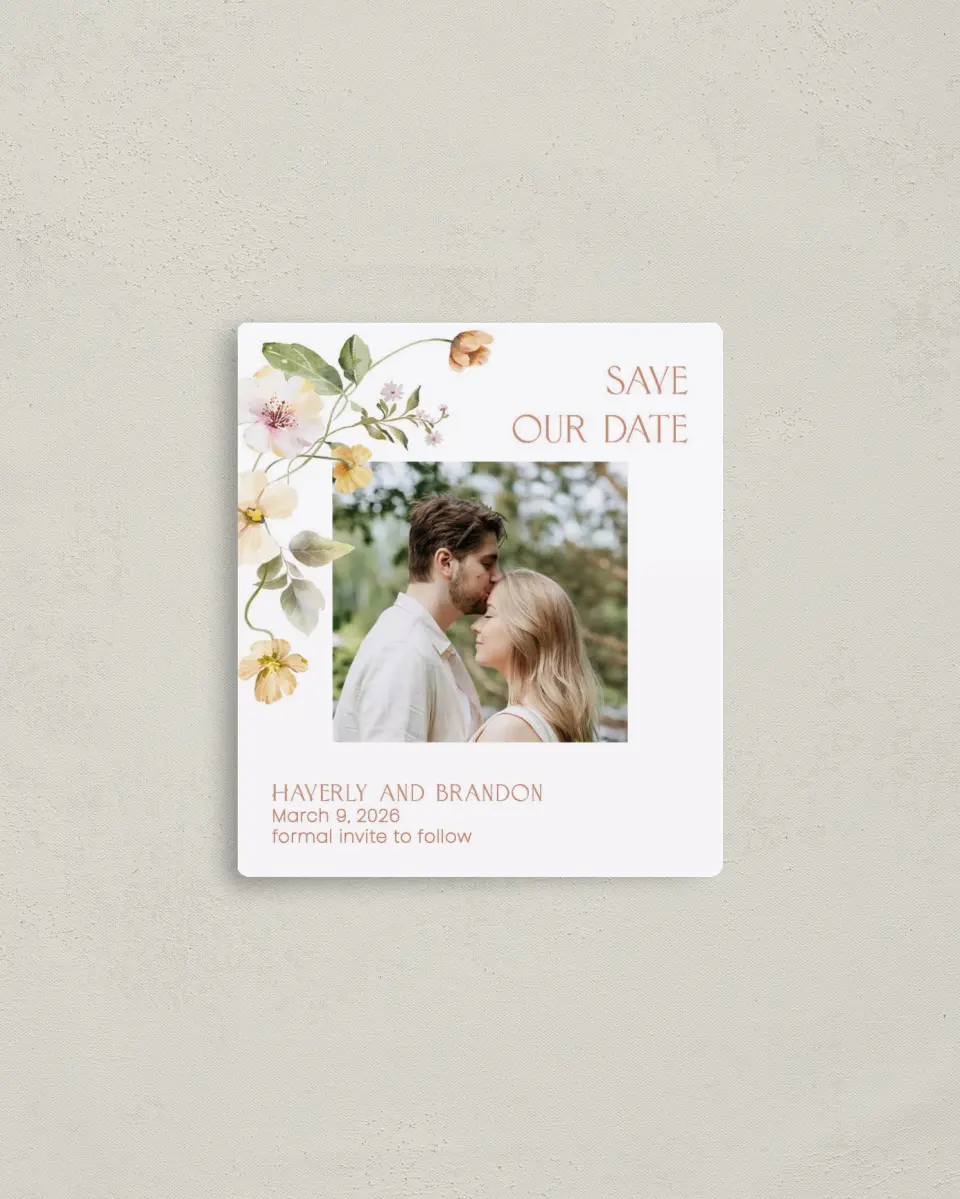 This is a 3½" x 4" Save the Date Magnet called Delicate Garden printed in full color with Rose Gold foil and a Luxe Satin finish