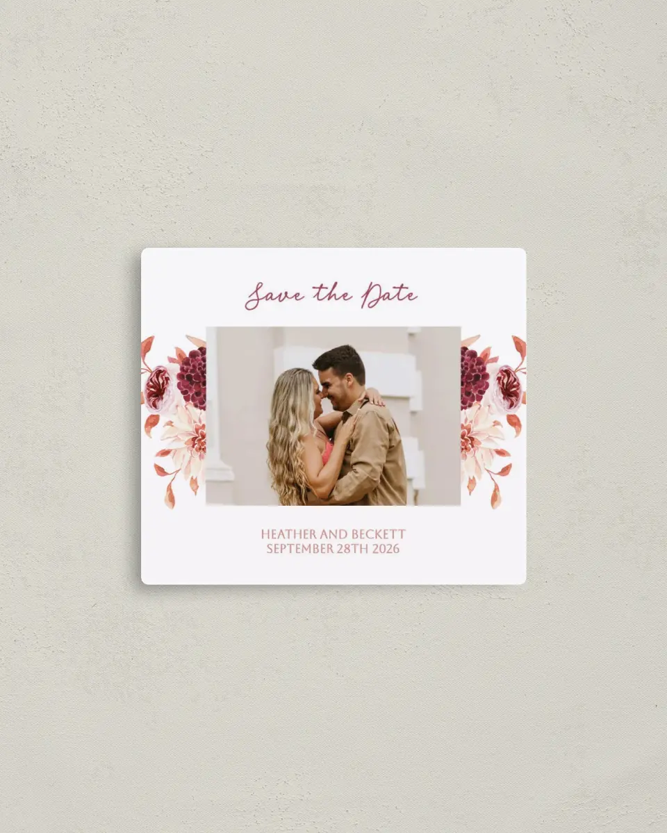 This is a 3½" x 4" Save the Date Magnet called Mauvelous printed in full color with a Luxe Satin finish