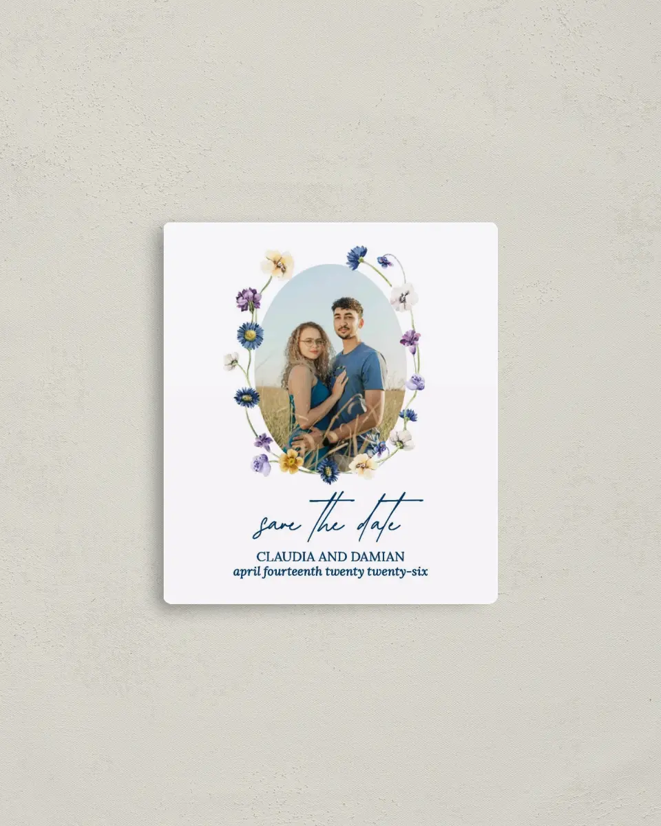 This is a 3½" x 4" Save the Date Magnet called Wildest Dream printed in full color with a Luxe Satin finish
