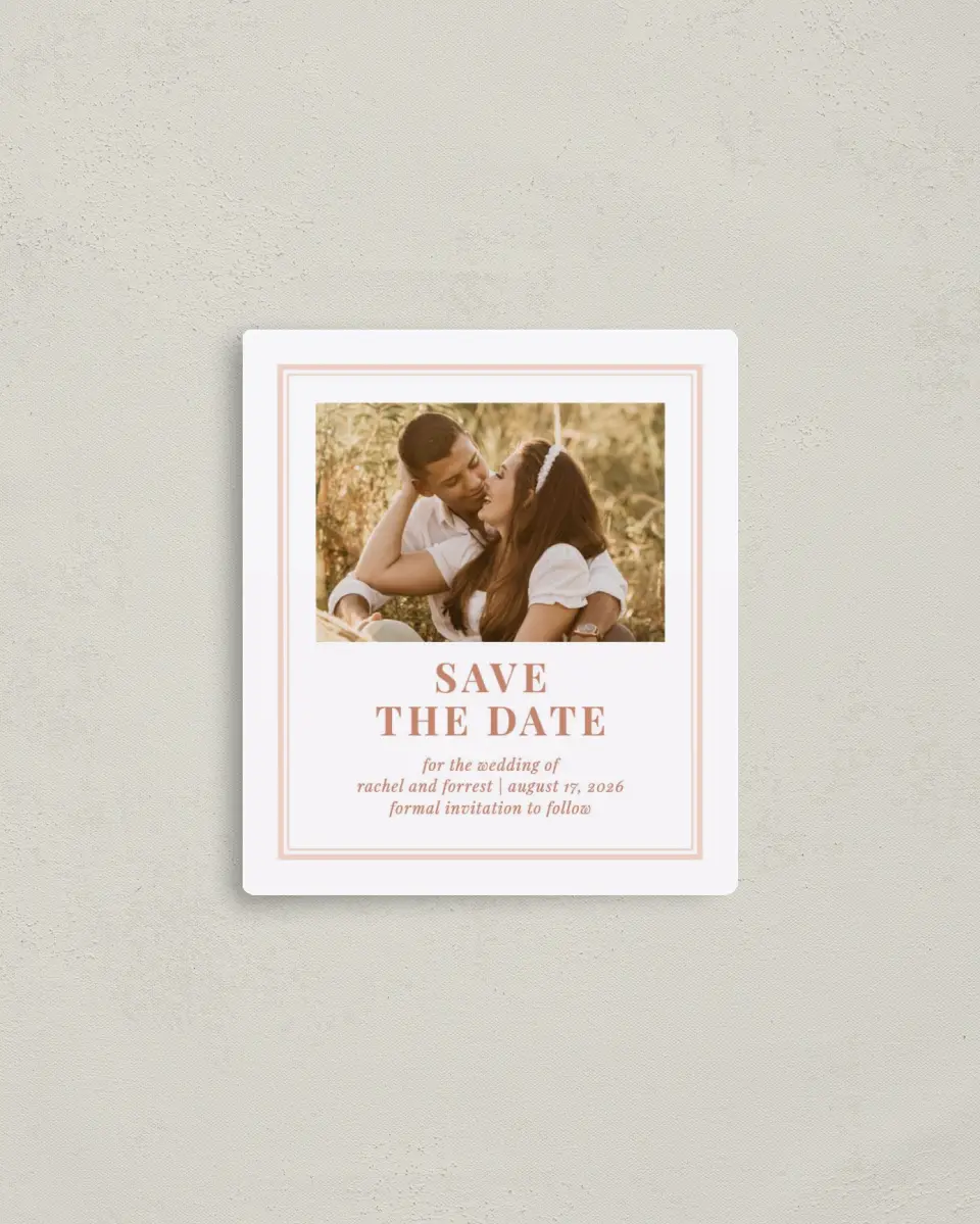 This is a 3½" x 4" Save the Date Magnet called Gorgeous Blush printed in full color with a Luxe Satin finish