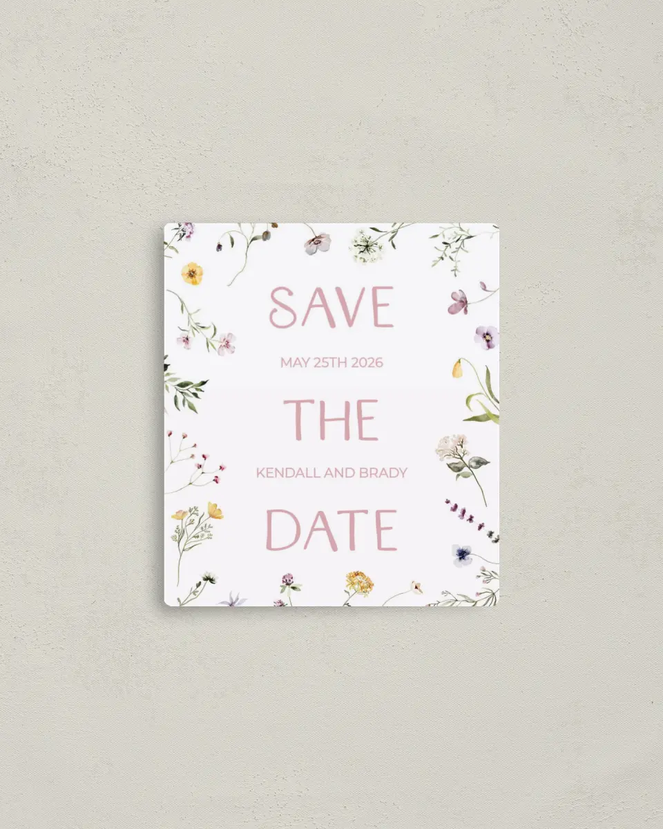 This is a 3½" x 4" Save the Date Magnet called Efflorescence printed in full color with a Luxe Satin finish