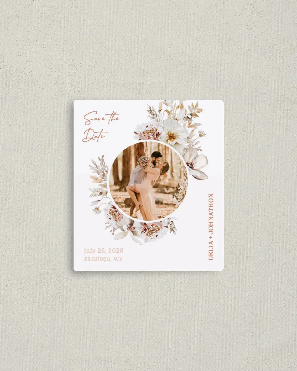This is a 3½" x 4" Save the Date Magnet called Petal Perfect printed in full color with Rose Gold foil and a Luxe Satin finish