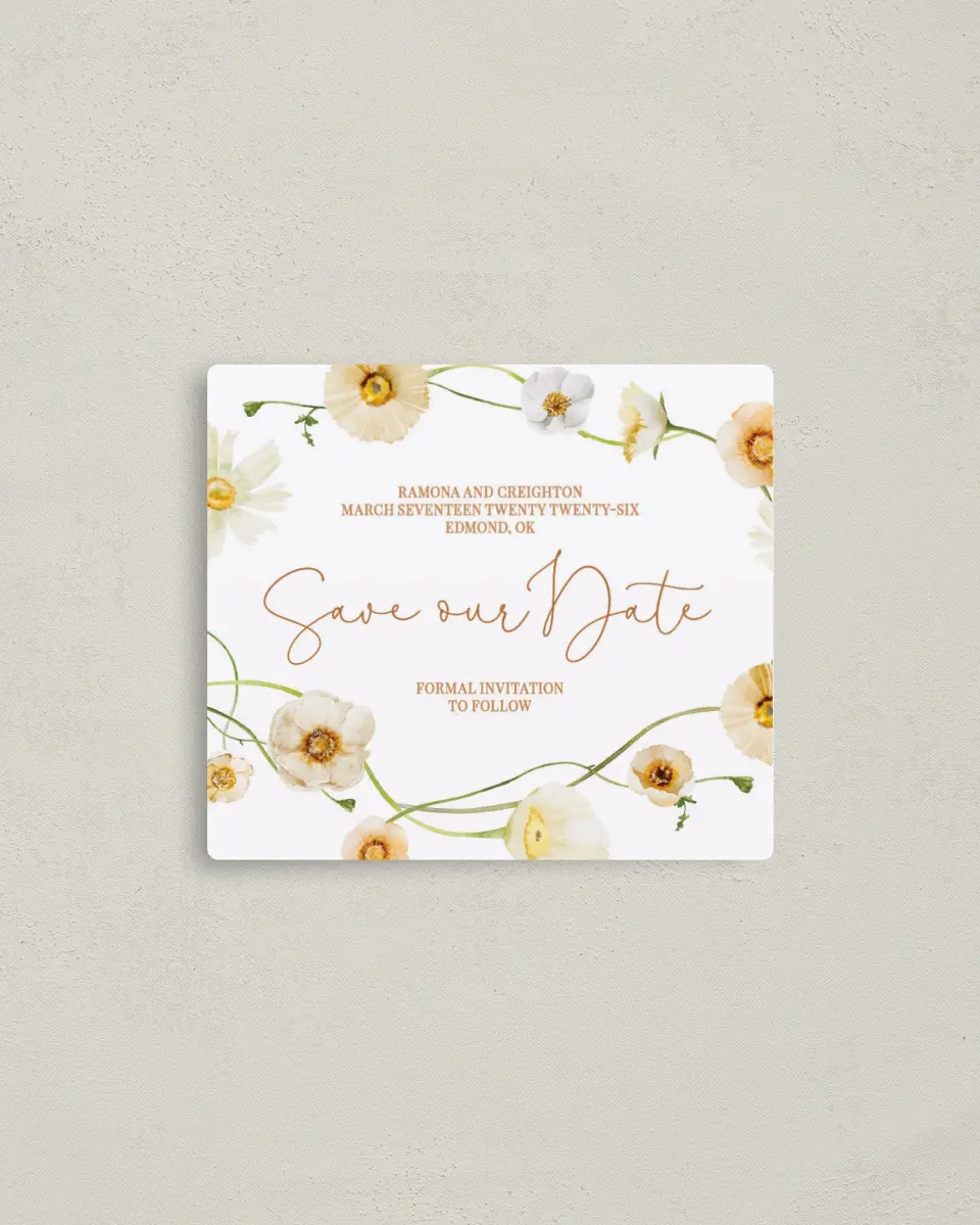 This is a 3½" x 4" Save the Date Magnet called Sultry Sunshine printed in full color with a Luxe Satin finish