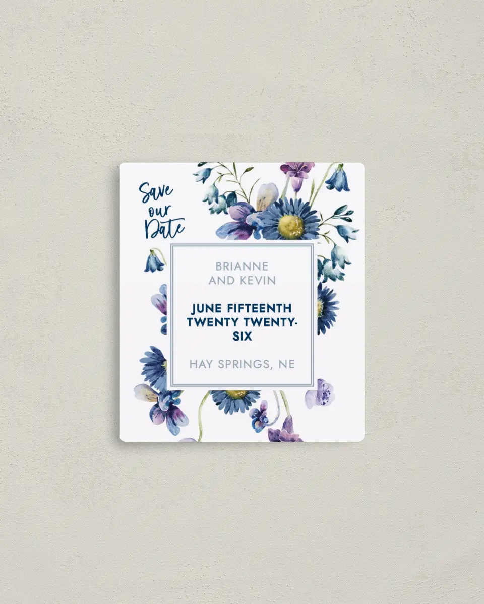 This is a 3½" x 4" Save the Date Magnet called Abundant Blue printed in full color with Rose Gold foil and a Luxe Satin finish