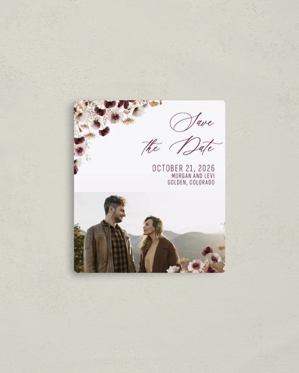 This is a 3½" x 4" Save the Date Magnet called Harvest Meadows printed in full color with a Luxe Satin finish