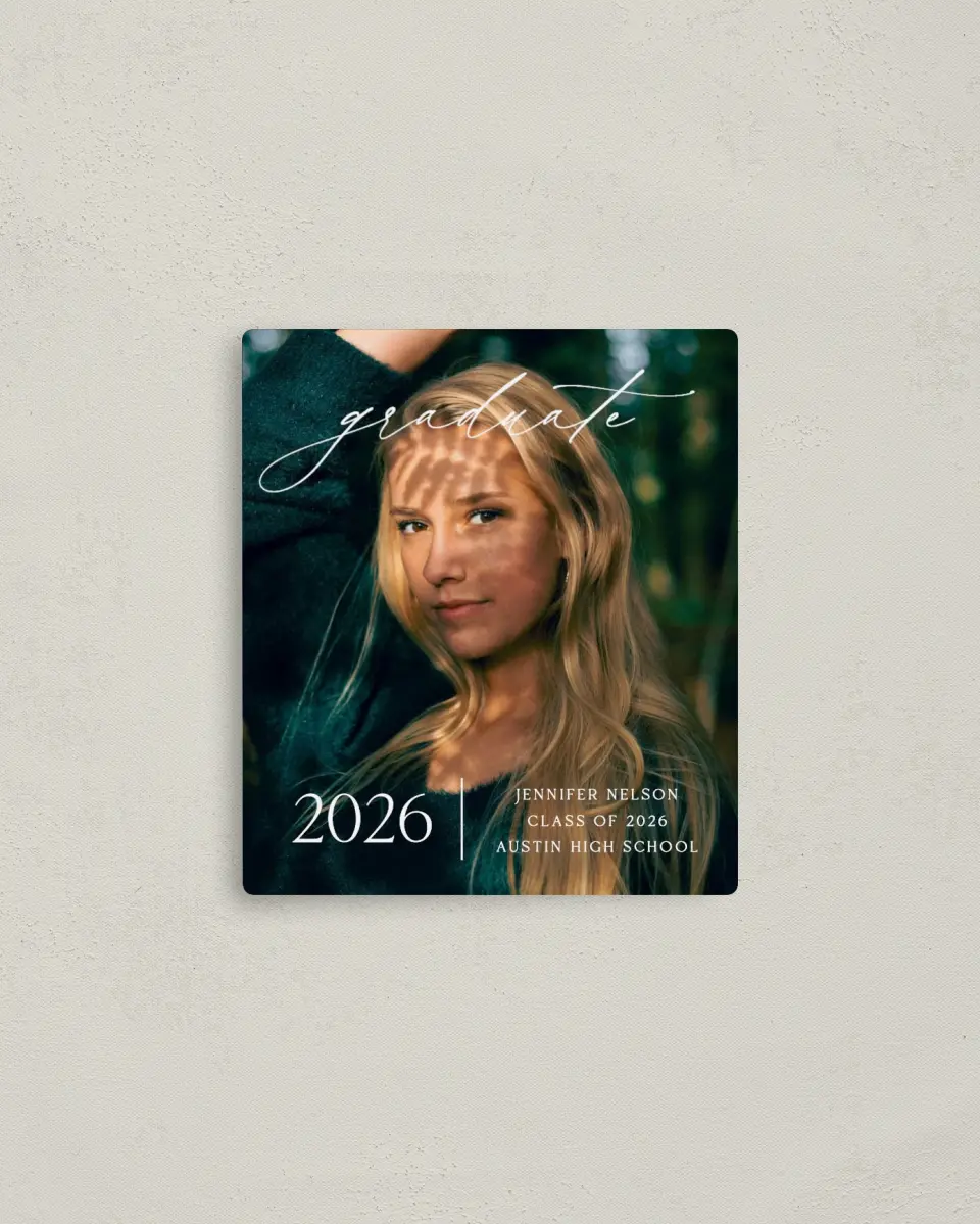 This is a 3½" x 4" Graduation Announcement Magnet called Stunning Senior printed in full color with a Luxe Satin finish