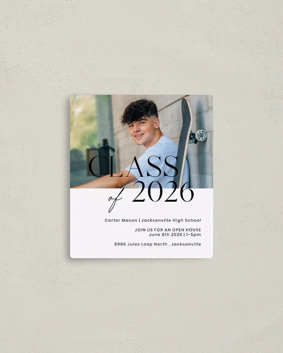 This is a 3½" x 4" Graduation Announcement Magnet called Classy Cool Grad printed in full color with a Luxe Satin finish