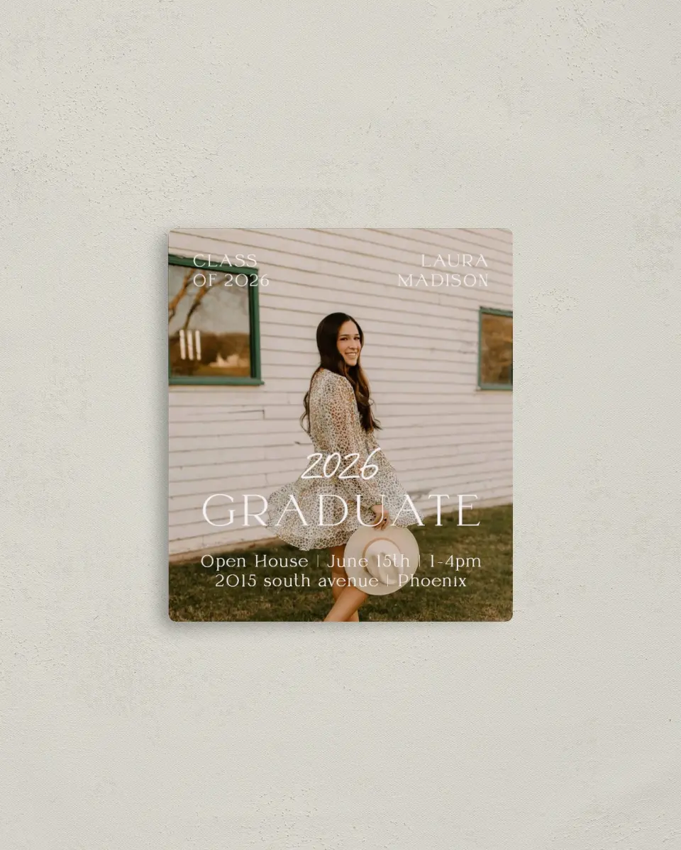 This is a 3½" x 4" Graduation Announcement Magnet called New Beginnings printed in full color with a Luxe Satin finish