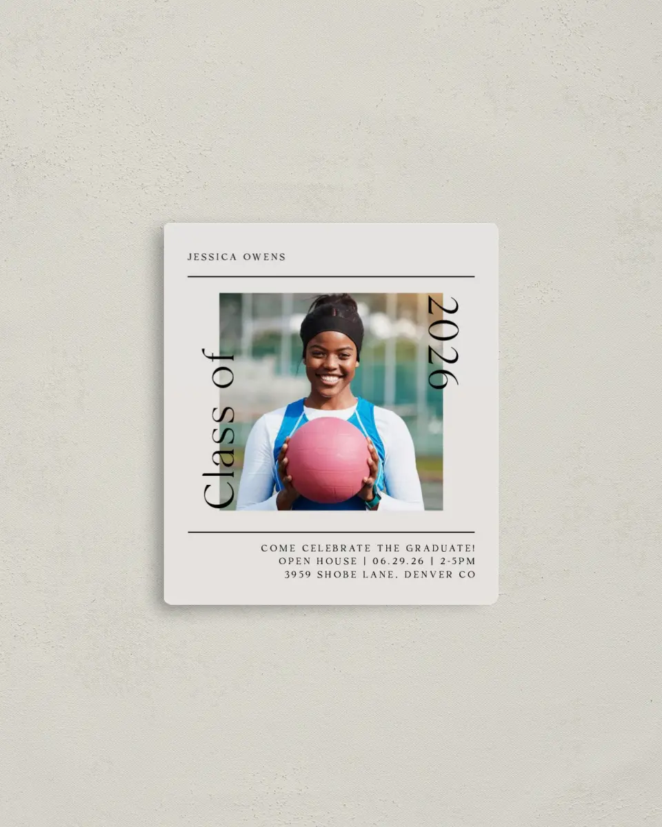 This is a 3½" x 4" Graduation Announcement Magnet called Start of Somthing New printed in full color with a Luxe Satin finish