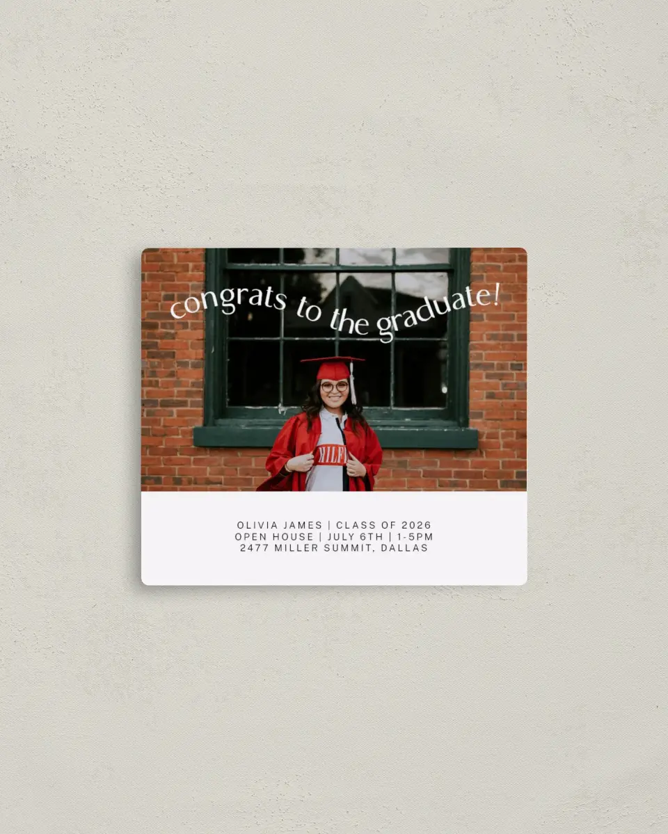 This is a 3½" x 4" Graduation Announcement Magnet called Wavy Celebration printed in full color with a Luxe Satin finish