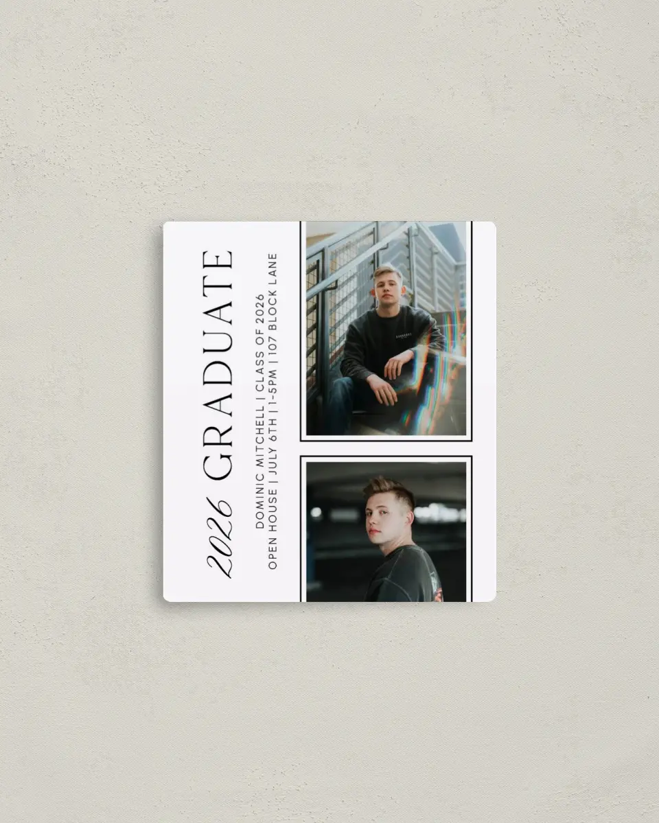 This is a 3½" x 4" Graduation Announcement Magnet called Sophisticated Senior printed in full color with a Luxe Satin finish