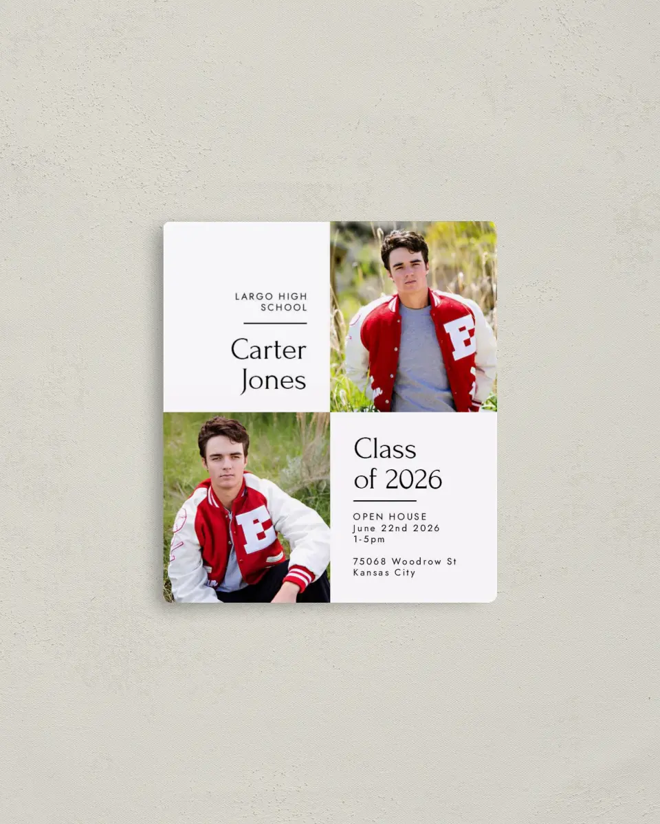 This is a 3½" x 4" Graduation Announcement Magnet called Simple Grid Grad printed in full color with a Luxe Satin finish