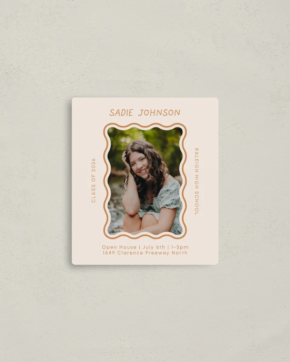 This is a 3½" x 4" Graduation Announcement Magnet called Wavy Frame Fun printed in full color with a Luxe Satin finish