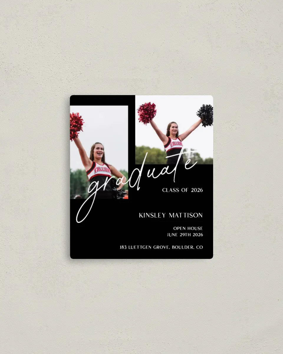 This is a 3½" x 4" Graduation Announcement Magnet called A New Chapter printed in full color with a Luxe Satin finish