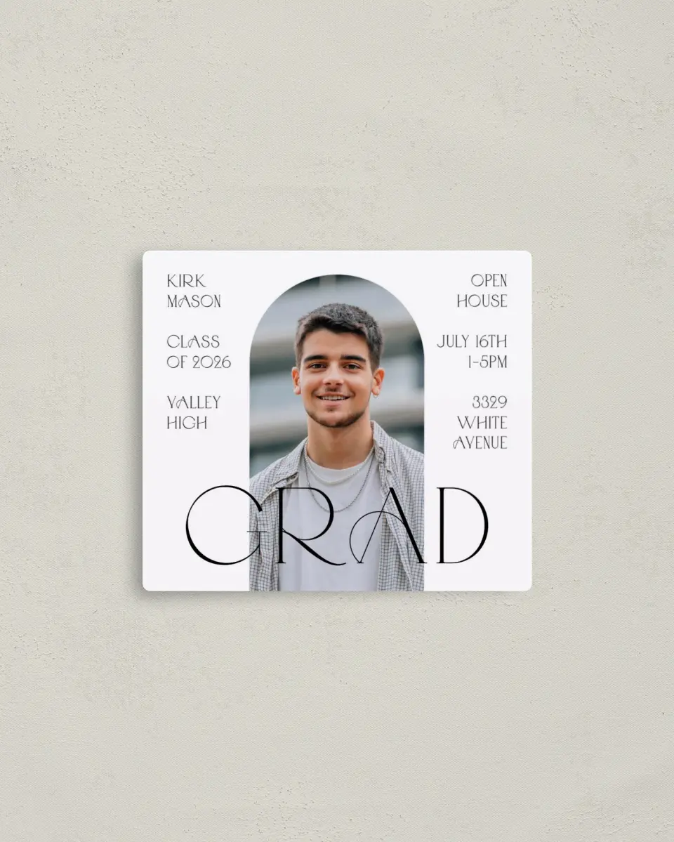 This is a 3½" x 4" Graduation Announcement Magnet called Milesones and Memories printed in full color with a Luxe Satin finish