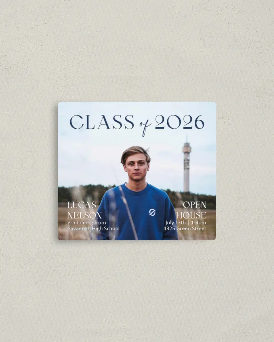 This is a 3½" x 4" Graduation Announcement Magnet called Set Your Sights printed in full color with a Luxe Satin finish