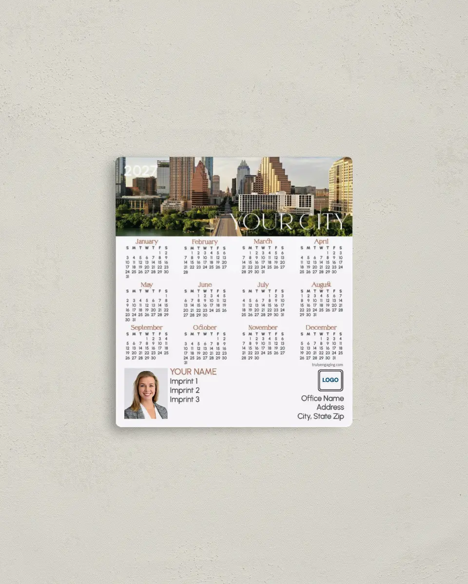 This is a 3½" x 4" Full Magnet Calendar called Tailored Skyline printed in full color with a Standard Gloss finish
